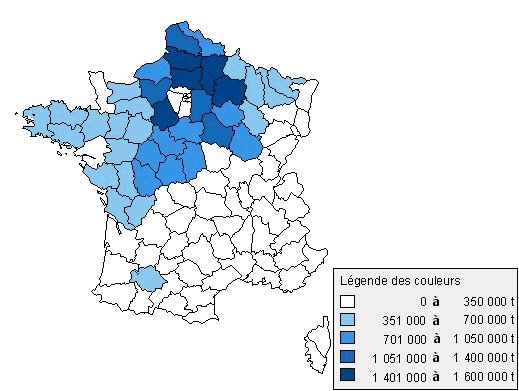 Production française de blé tendre par département en 1999