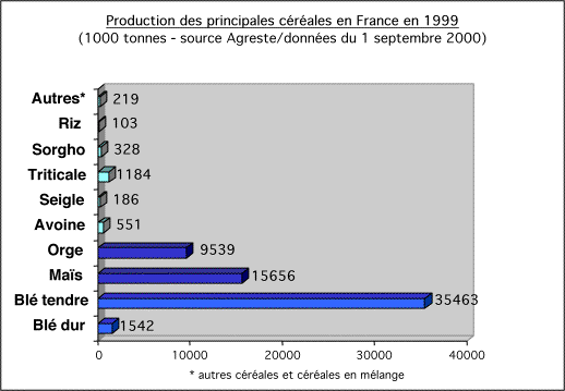 Production de céréales grain en France en 1999 (en milliers de tonnes)