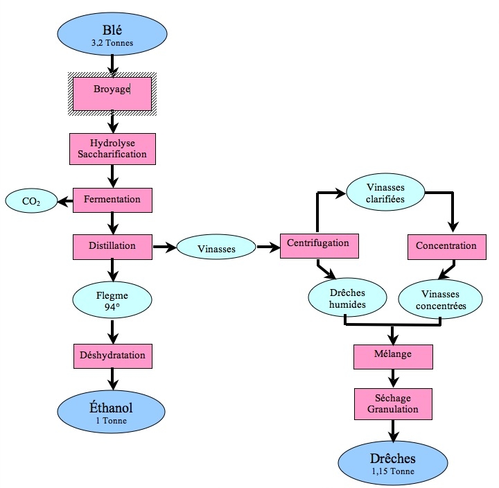 Diagramme du procédé de fabrication du bioéthanol à partir de blé selon le process de type 1 ou A