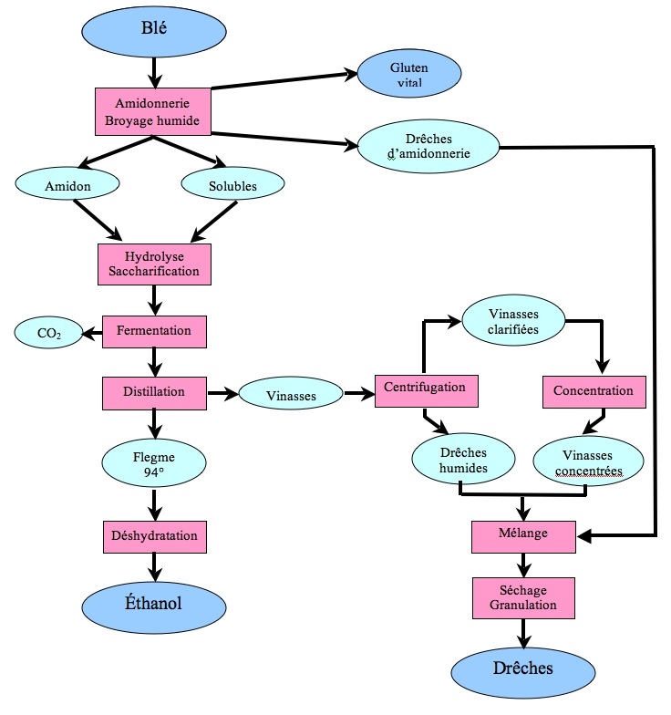 Diagramme du procédé de fabrication du bioéthanol à partir de blé selon le process de type 3